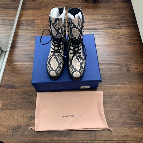 Stuart Weitzman McKenzee Python-Embossed Leather Combat Boots - Picture 7 of 8